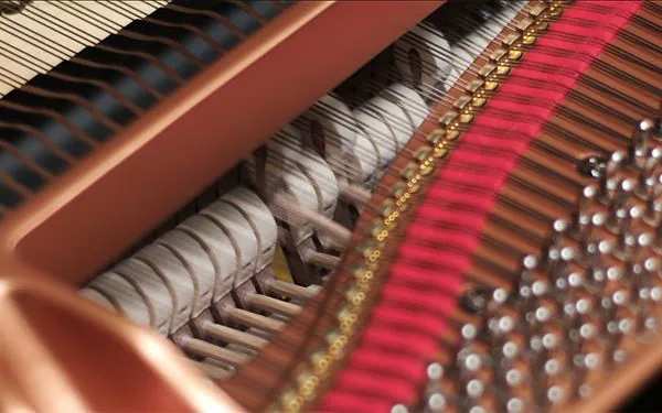 Close up of Piano hammers striking Strings