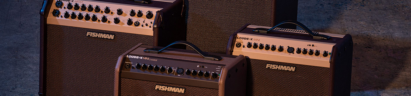 Fishman Brand Banner with Loudbox Amplifiers on Display