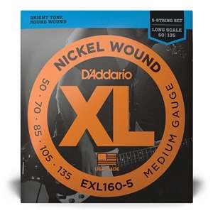 D'Addario EXL160-5 Nickel Wound Medium Gauge Long Scale Round Wound Bass Strings (5-string) 50-135
